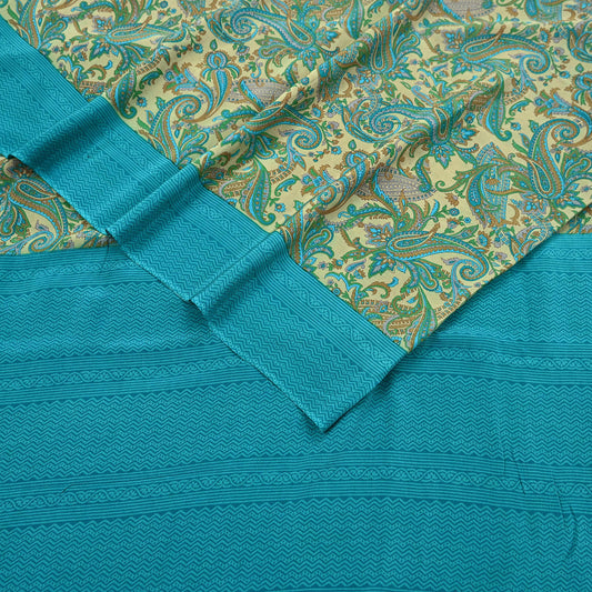 Indian Vintage Sari Beige & Blue Pure Crepe Silk Printed Saree 6yard Sewing Quilting Floral Soft Craft Fabric Wrap