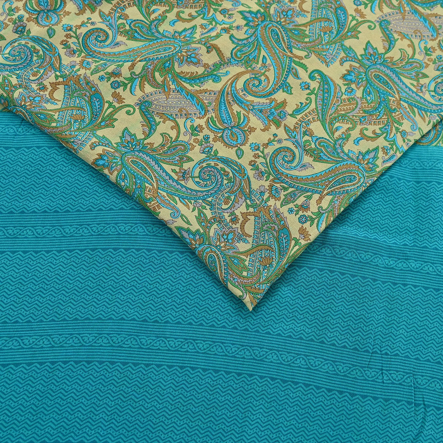 Indian Vintage Sari Beige & Blue Pure Crepe Silk Printed Saree 6yard Sewing Quilting Floral Soft Craft Fabric Wrap