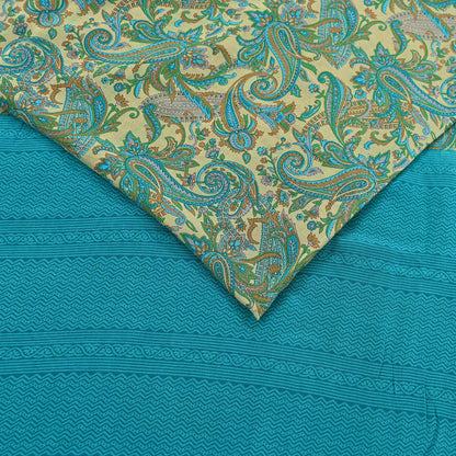 Indian Vintage Sari Beige & Blue Pure Crepe Silk Printed Saree 6yard Sewing Quilting Floral Soft Craft Fabric Wrap