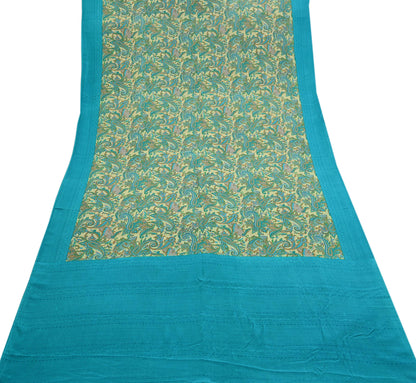 Indian Vintage Sari Beige & Blue Pure Crepe Silk Printed Saree 6yard Sewing Quilting Floral Soft Craft Fabric Wrap