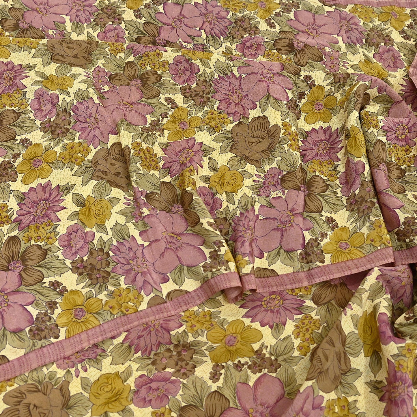 Indian Vintage Sari Beige Pure Crepe Silk Printed Saree 5yard Sewing Quilting Floral Soft Craft Fabric Wrap