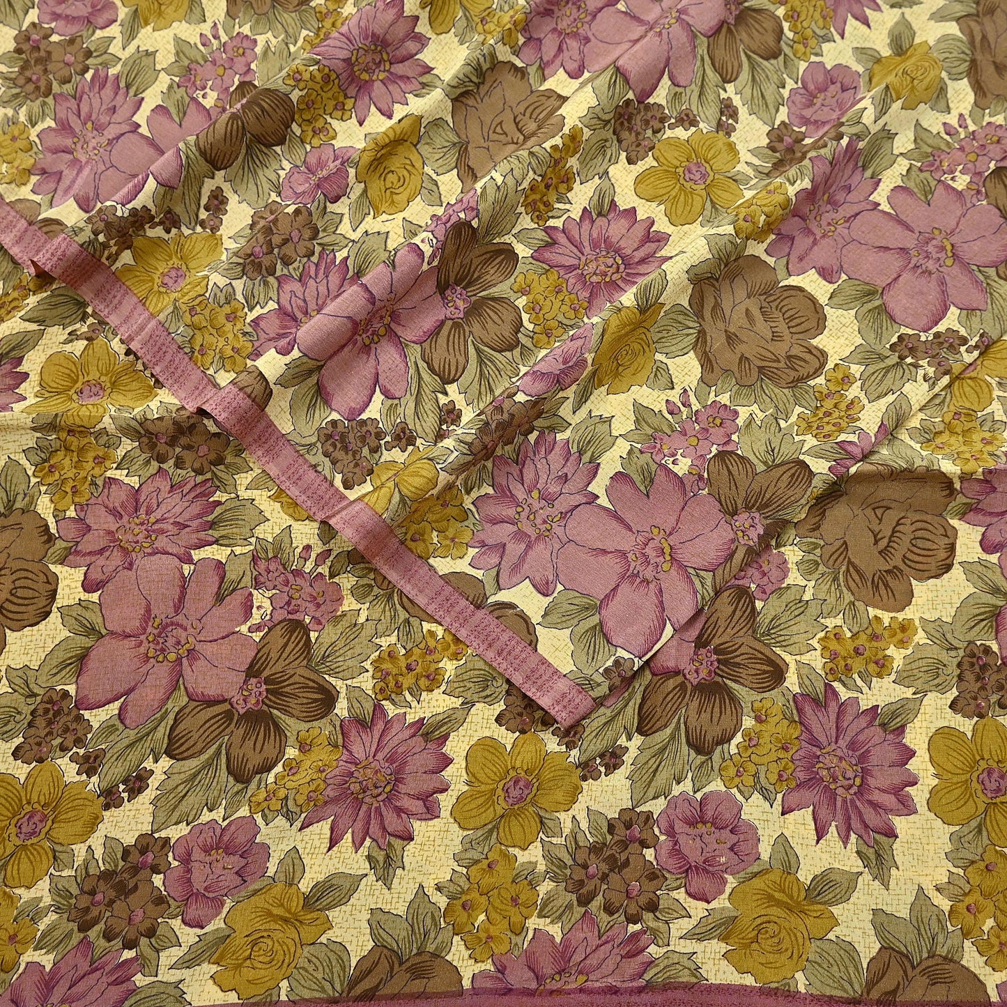 Indian Vintage Sari Beige Pure Crepe Silk Printed Saree 5yard Sewing Quilting Floral Soft Craft Fabric Wrap