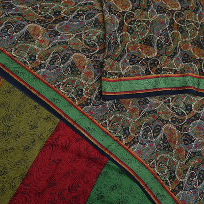 Indian Vintage Sari Black Pure Georgette Silk Printed Saree Craft Fabric Sewing 6Yd Soft Light Dress Making Crafting Quilting Upcycle