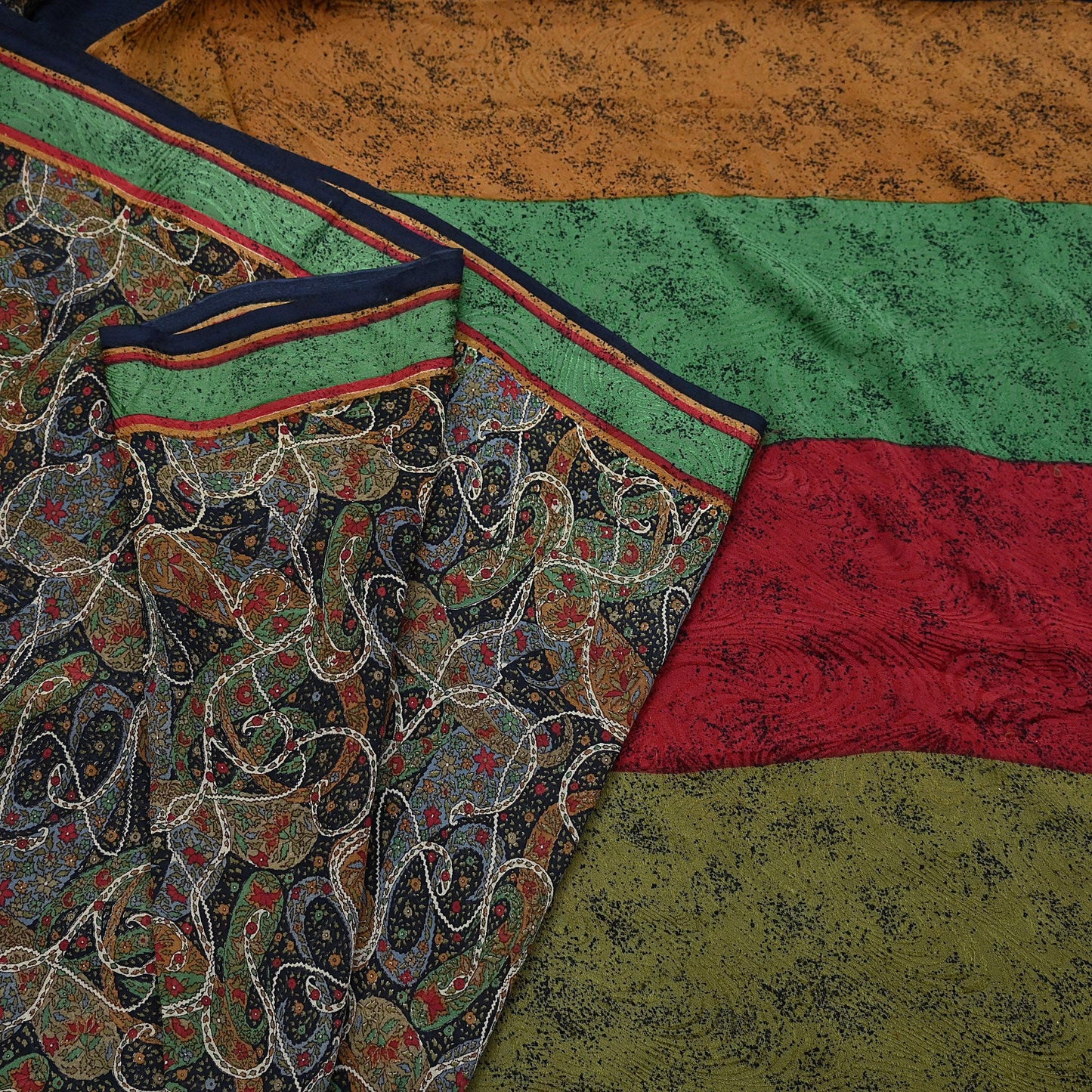 Indian Vintage Sari Black Pure Georgette Silk Printed Saree Craft Fabric Sewing 6Yd Soft Light Dress Making Crafting Quilting Upcycle