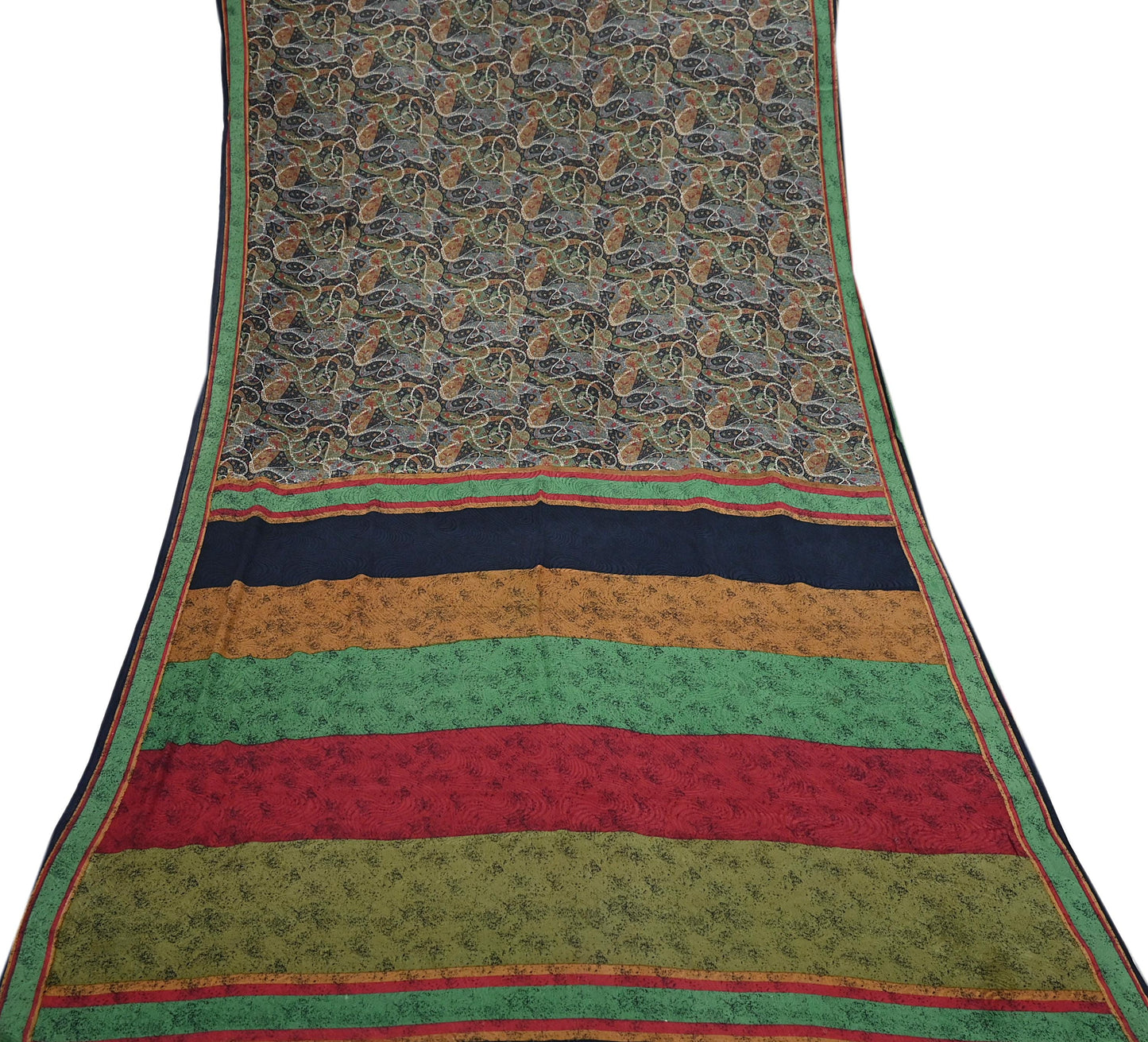 Indian Vintage Sari Black Pure Georgette Silk Printed Saree Craft Fabric Sewing 6Yd Soft Light Dress Making Crafting Quilting Upcycle