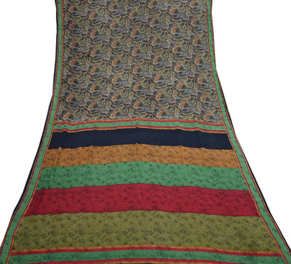 Indian Vintage Sari Black Pure Georgette Silk Printed Saree Craft Fabric Sewing 6Yd Soft Light Dress Making Crafting Quilting Upcycle