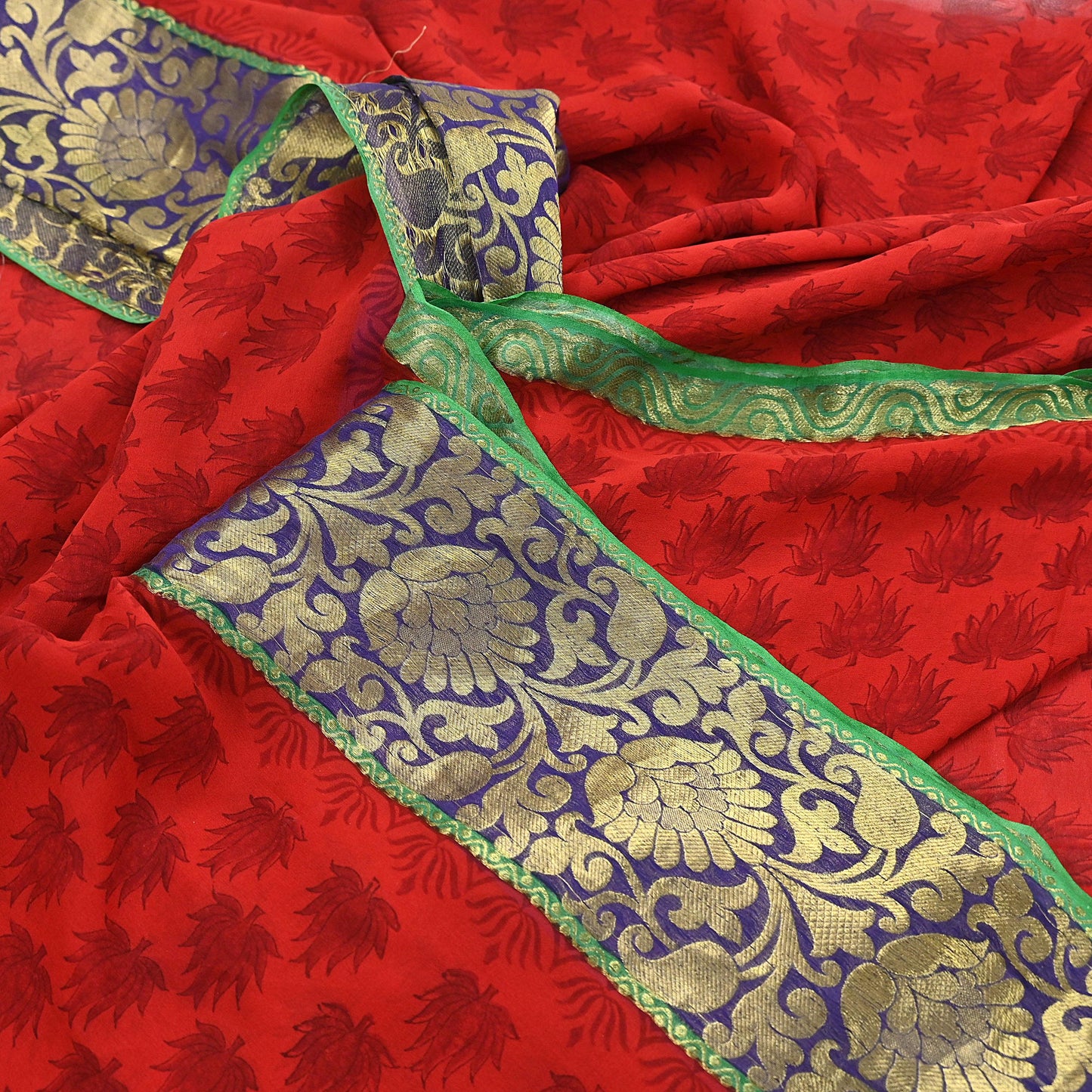 Women Vintage Sari Red 100% Pure Georgette Silk Printed Saree Craft Fabric Sewing 5Yd Soft Sari Dress Making Crafting Quilting