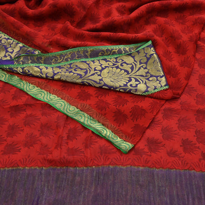 Women Vintage Sari Red 100% Pure Georgette Silk Printed Saree Craft Fabric Sewing 5Yd Soft Sari Dress Making Crafting Quilting