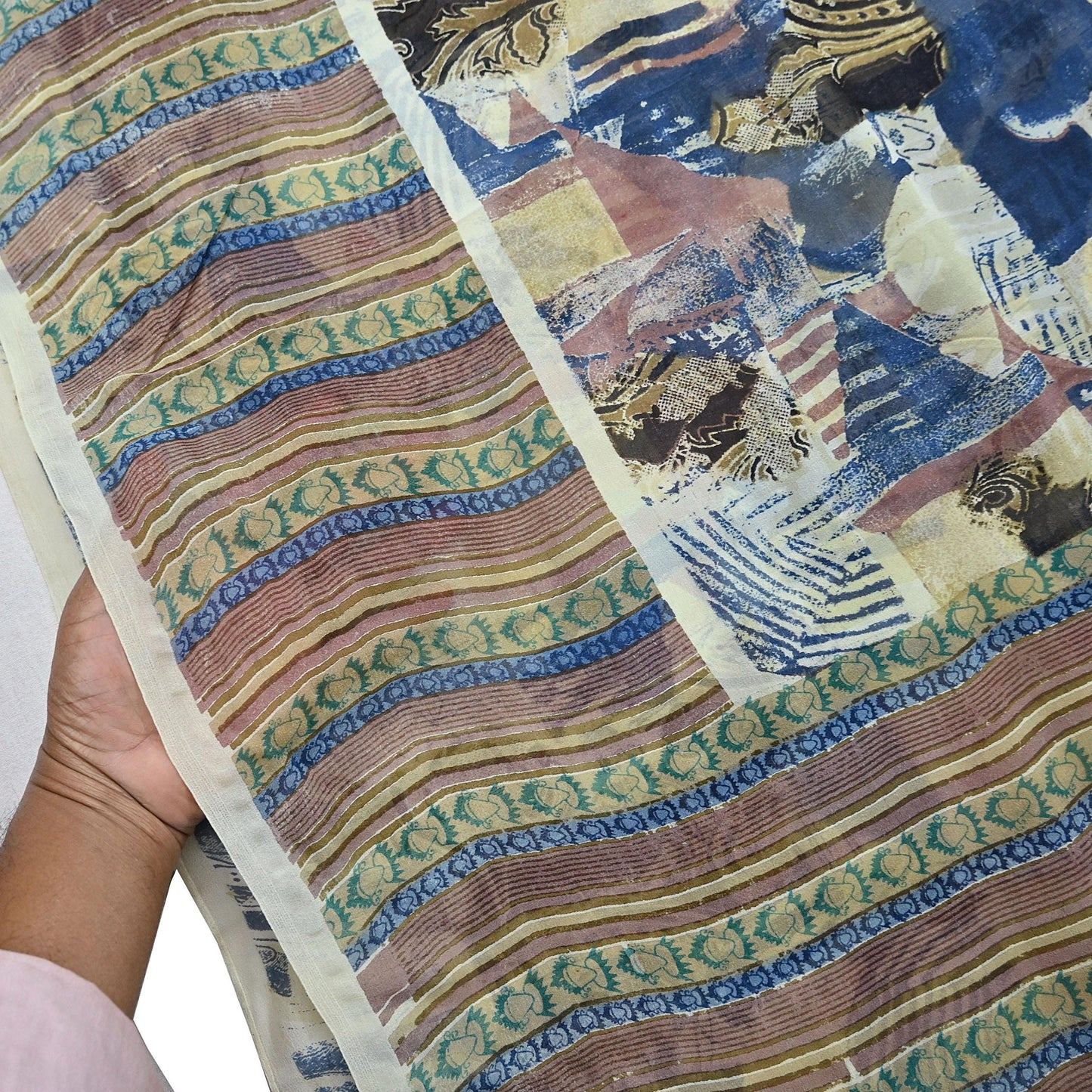 Indian Vintage Sari Ivory & Multi Pure Georgette Silk Printed Sarees 6Yd Craft Fabric Sewing Quilting Dress making Crafting Quilting Upcycle