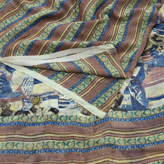 Indian Vintage Sari Ivory & Multi Pure Georgette Silk Printed Sarees 6Yd Craft Fabric Sewing Quilting Dress making Crafting Quilting Upcycle