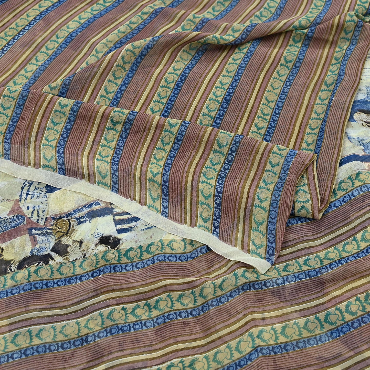 Indian Vintage Sari Ivory & Multi Pure Georgette Silk Printed Sarees 6Yd Craft Fabric Sewing Quilting Dress making Crafting Quilting Upcycle