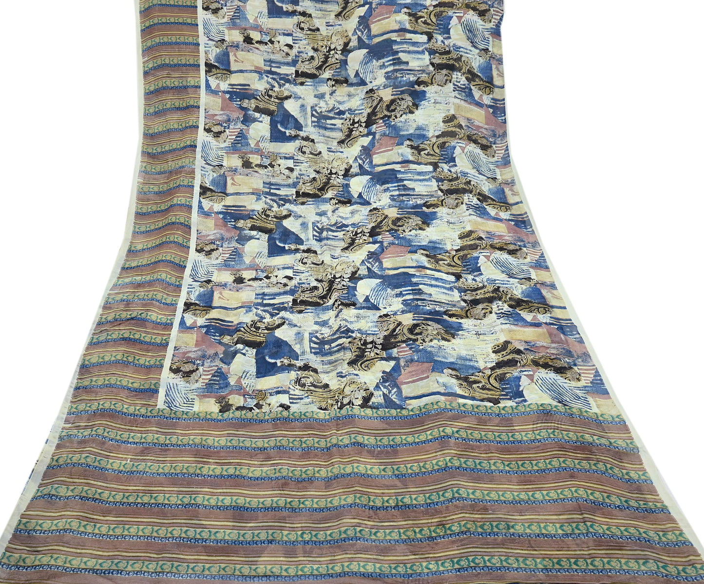 Indian Vintage Sari Ivory & Multi Pure Georgette Silk Printed Sarees 6Yd Craft Fabric Sewing Quilting Dress making Crafting Quilting Upcycle