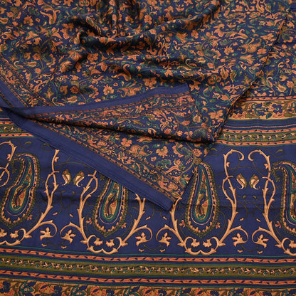 Indian Vintage Sari Blue Pure Silk Printed Saree Fabric 5yard Sewing Craft Fabric DressMaking Wrap Floral
