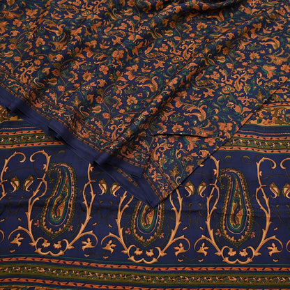 Indian Vintage Sari Blue Pure Silk Printed Saree Fabric 5yard Sewing Craft Fabric DressMaking Wrap Floral