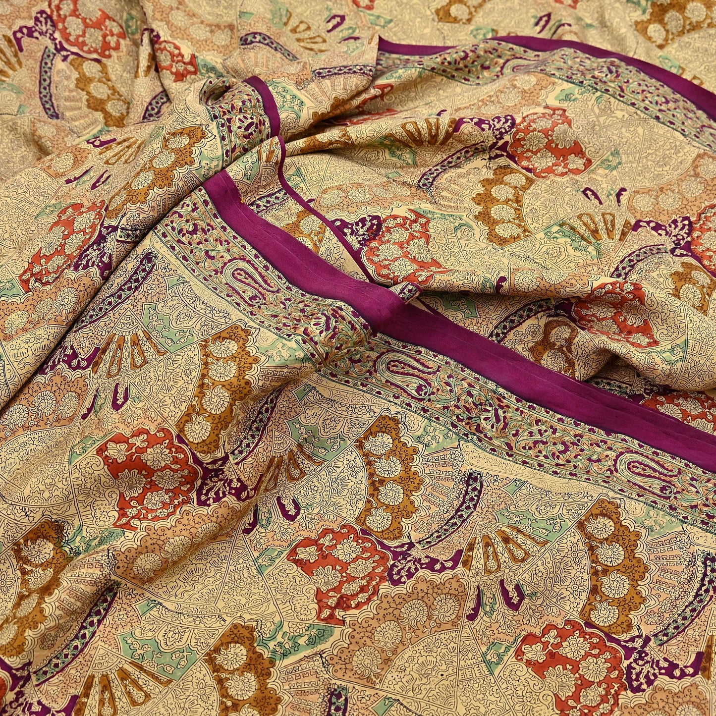 Indian Vintage Sari Beige & Maroon Pure Silk Printed Saree Fabric 6yard Sewing Craft Fabric DressMaking Wrap Floral