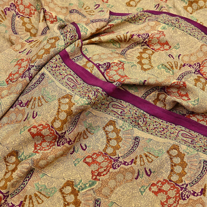Indian Vintage Sari Beige & Maroon Pure Silk Printed Saree Fabric 6yard Sewing Craft Fabric DressMaking Wrap Floral