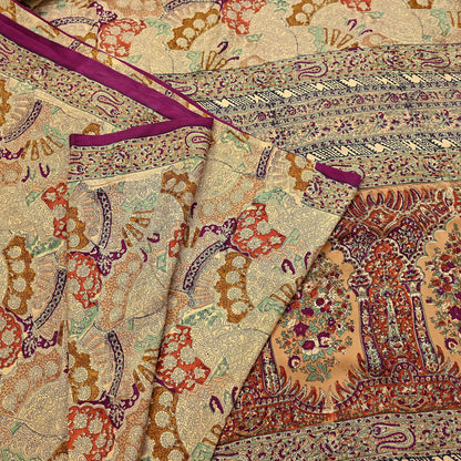 Indian Vintage Sari Beige & Maroon Pure Silk Printed Saree Fabric 6yard Sewing Craft Fabric DressMaking Wrap Floral