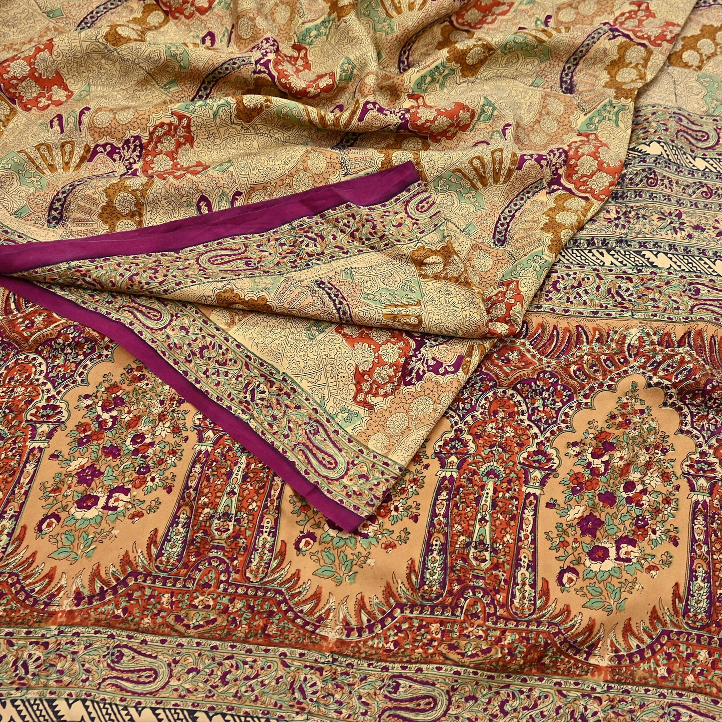 Indian Vintage Sari Beige & Maroon Pure Silk Printed Saree Fabric 6yard Sewing Craft Fabric DressMaking Wrap Floral