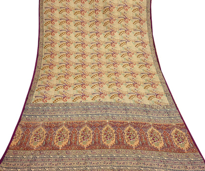 Indian Vintage Sari Beige & Maroon Pure Silk Printed Saree Fabric 6yard Sewing Craft Fabric DressMaking Wrap Floral