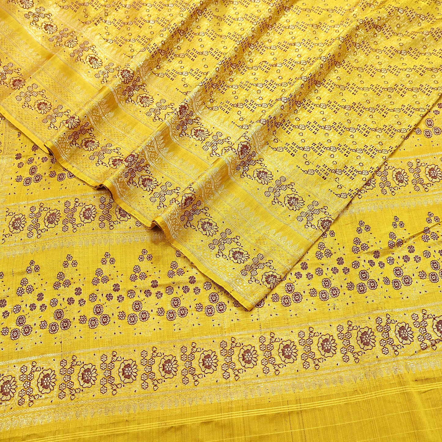 Indian Vintage Sari Yellow Heavy Pure Satin Silk Woven Banarasi Tanchoi Saree 5Yd Ethnic Craft Fabric Upcycle Bridal Heavy Sarees