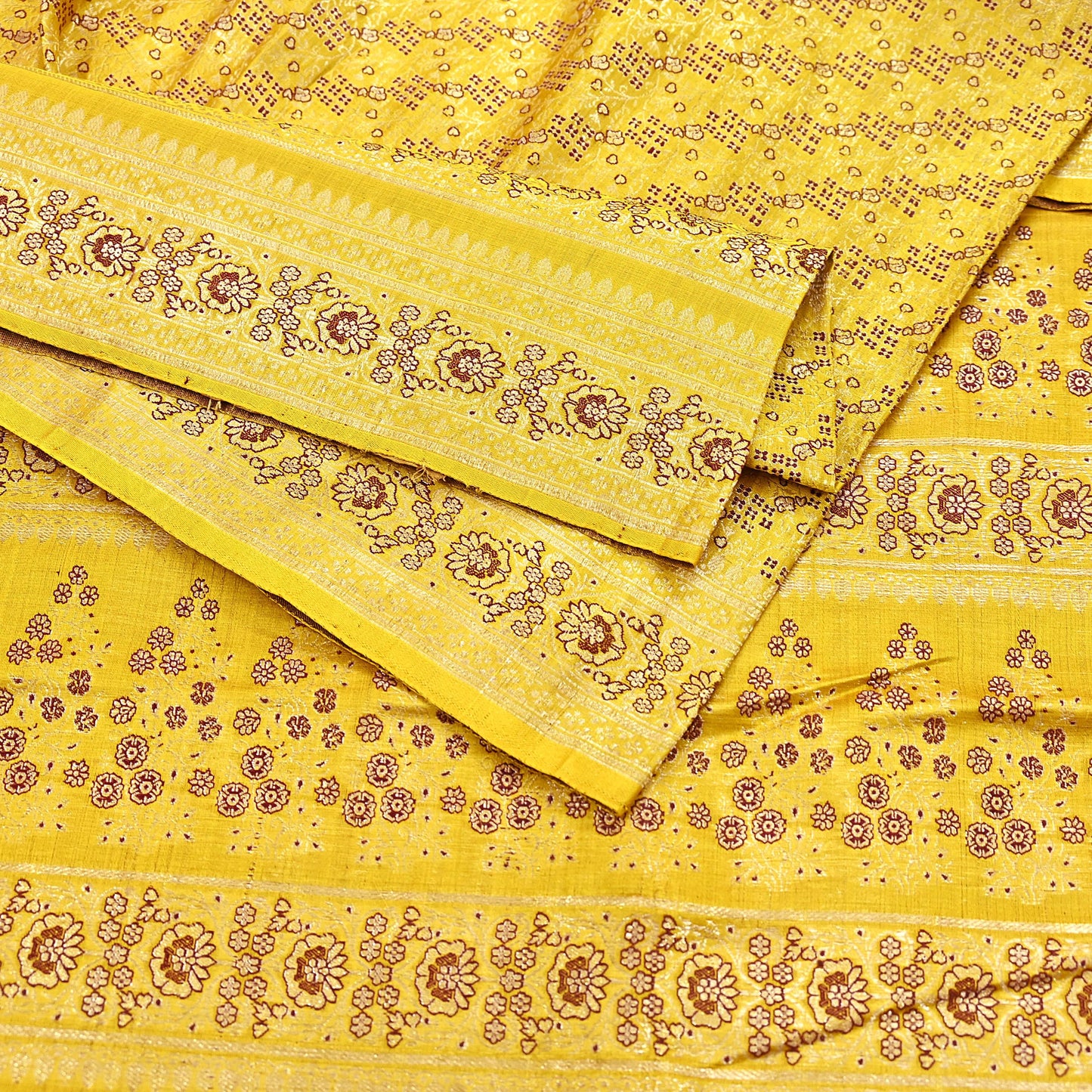 Indian Vintage Sari Yellow Heavy Pure Satin Silk Woven Banarasi Tanchoi Saree 5Yd Ethnic Craft Fabric Upcycle Bridal Heavy Sarees