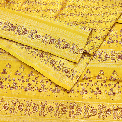 Indian Vintage Sari Yellow Heavy Pure Satin Silk Woven Banarasi Tanchoi Saree 5Yd Ethnic Craft Fabric Upcycle Bridal Heavy Sarees