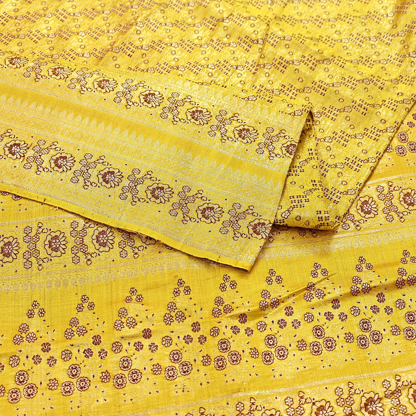 Indian Vintage Sari Yellow Heavy Pure Satin Silk Woven Banarasi Tanchoi Saree 5Yd Ethnic Craft Fabric Upcycle Bridal Heavy Sarees