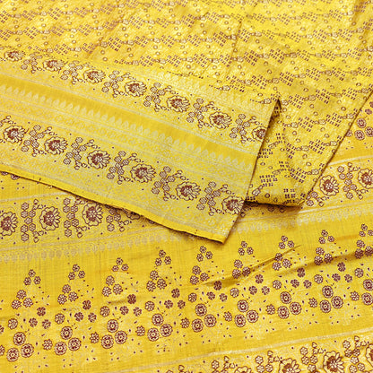 Indian Vintage Sari Yellow Heavy Pure Satin Silk Woven Banarasi Tanchoi Saree 5Yd Ethnic Craft Fabric Upcycle Bridal Heavy Sarees