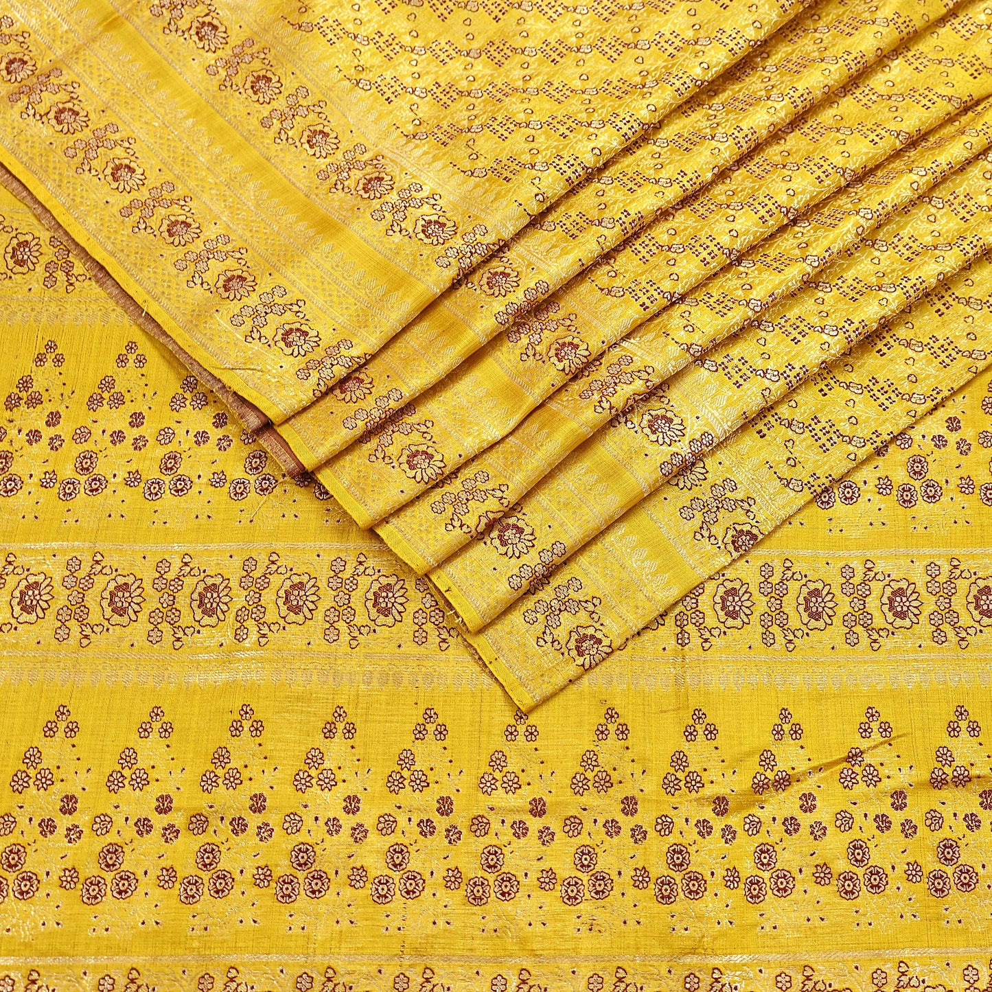 Indian Vintage Sari Yellow Heavy Pure Satin Silk Woven Banarasi Tanchoi Saree 5Yd Ethnic Craft Fabric Upcycle Bridal Heavy Sarees