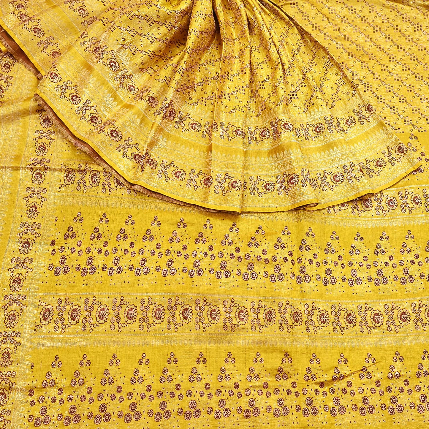 Indian Vintage Sari Yellow Heavy Pure Satin Silk Woven Banarasi Tanchoi Saree 5Yd Ethnic Craft Fabric Upcycle Bridal Heavy Sarees
