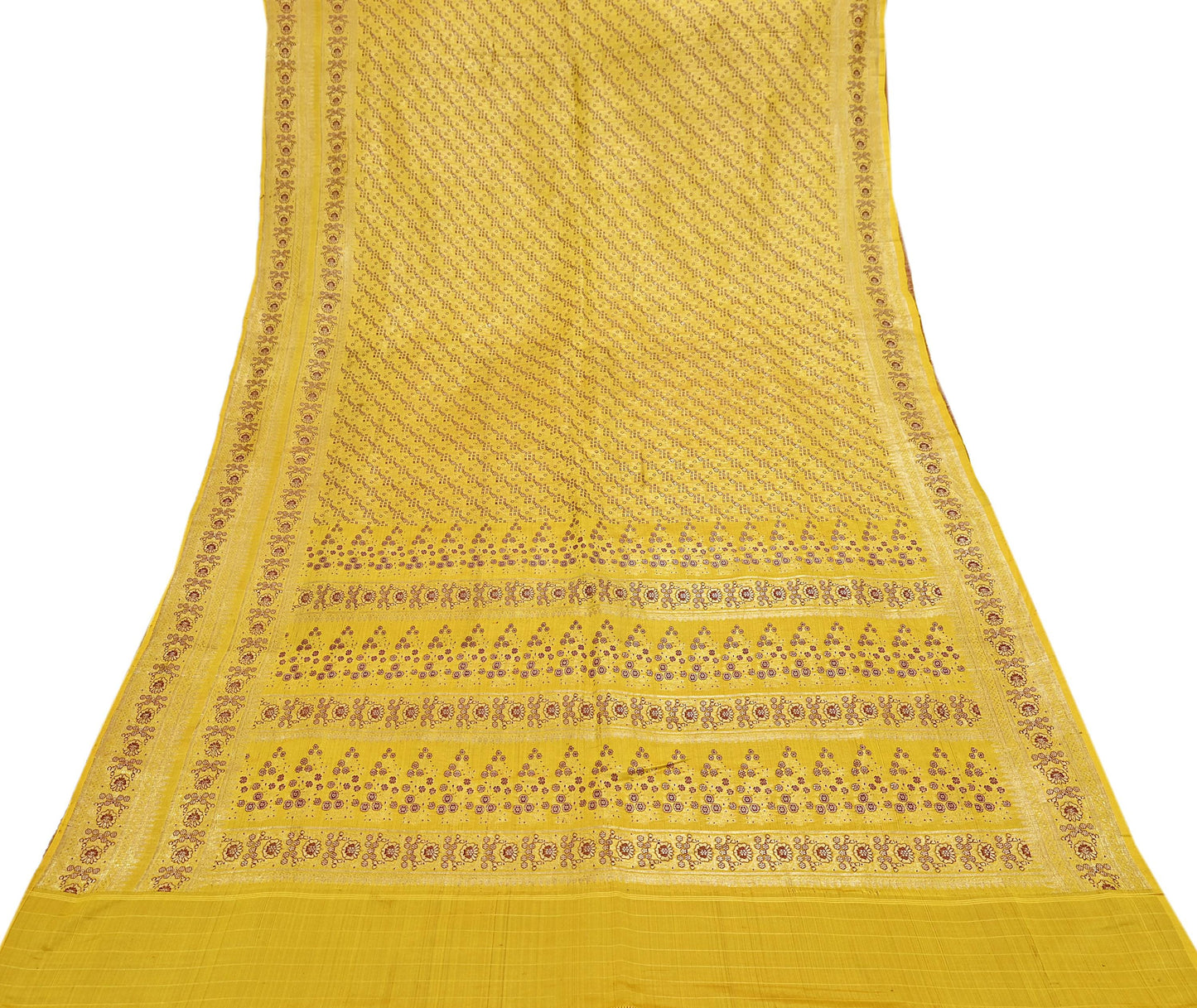 Indian Vintage Sari Yellow Heavy Pure Satin Silk Woven Banarasi Tanchoi Saree 5Yd Ethnic Craft Fabric Upcycle Bridal Heavy Sarees
