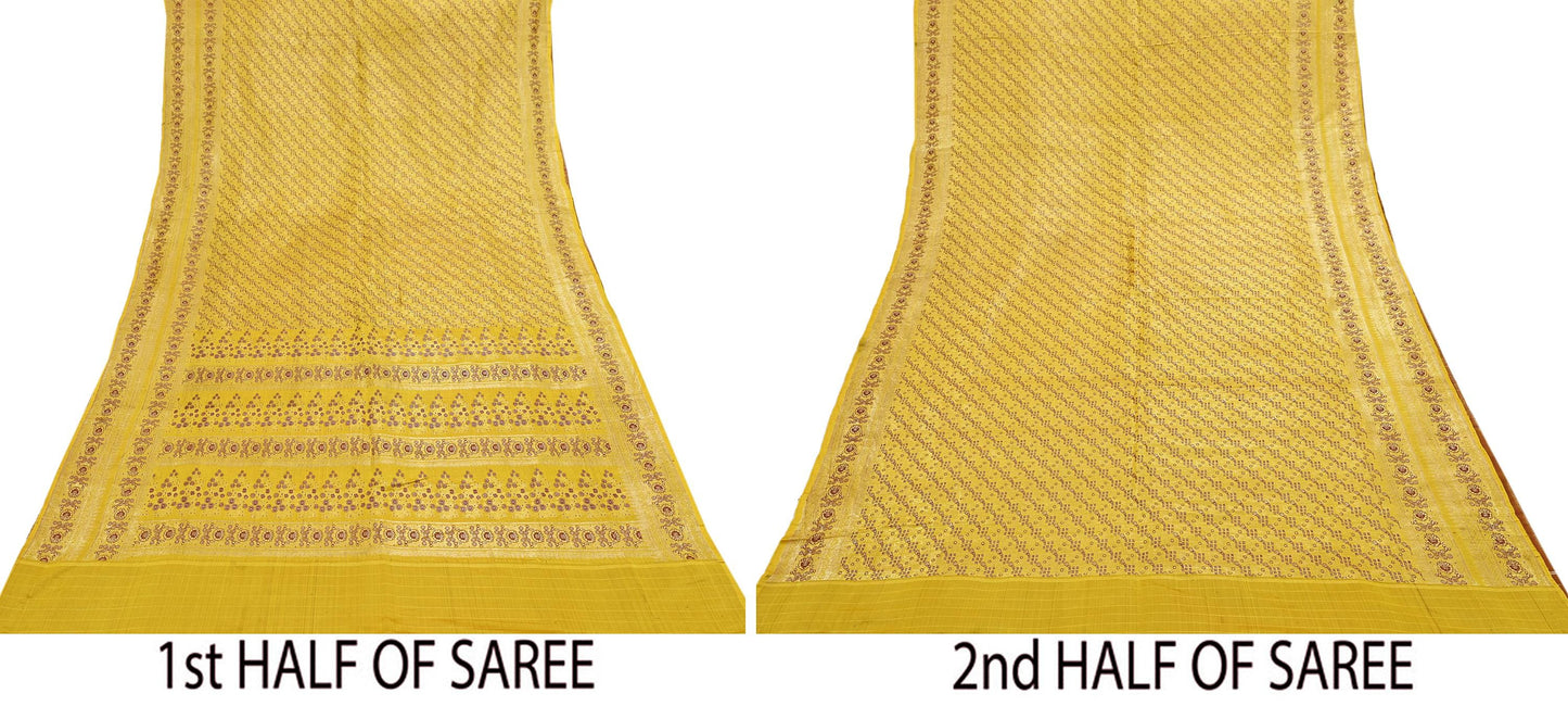 Indian Vintage Sari Yellow Heavy Pure Satin Silk Woven Banarasi Tanchoi Saree 5Yd Ethnic Craft Fabric Upcycle Bridal Heavy Sarees