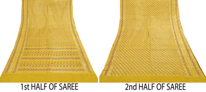 Indian Vintage Sari Yellow Heavy Pure Satin Silk Woven Banarasi Tanchoi Saree 5Yd Ethnic Craft Fabric Upcycle Bridal Heavy Sarees