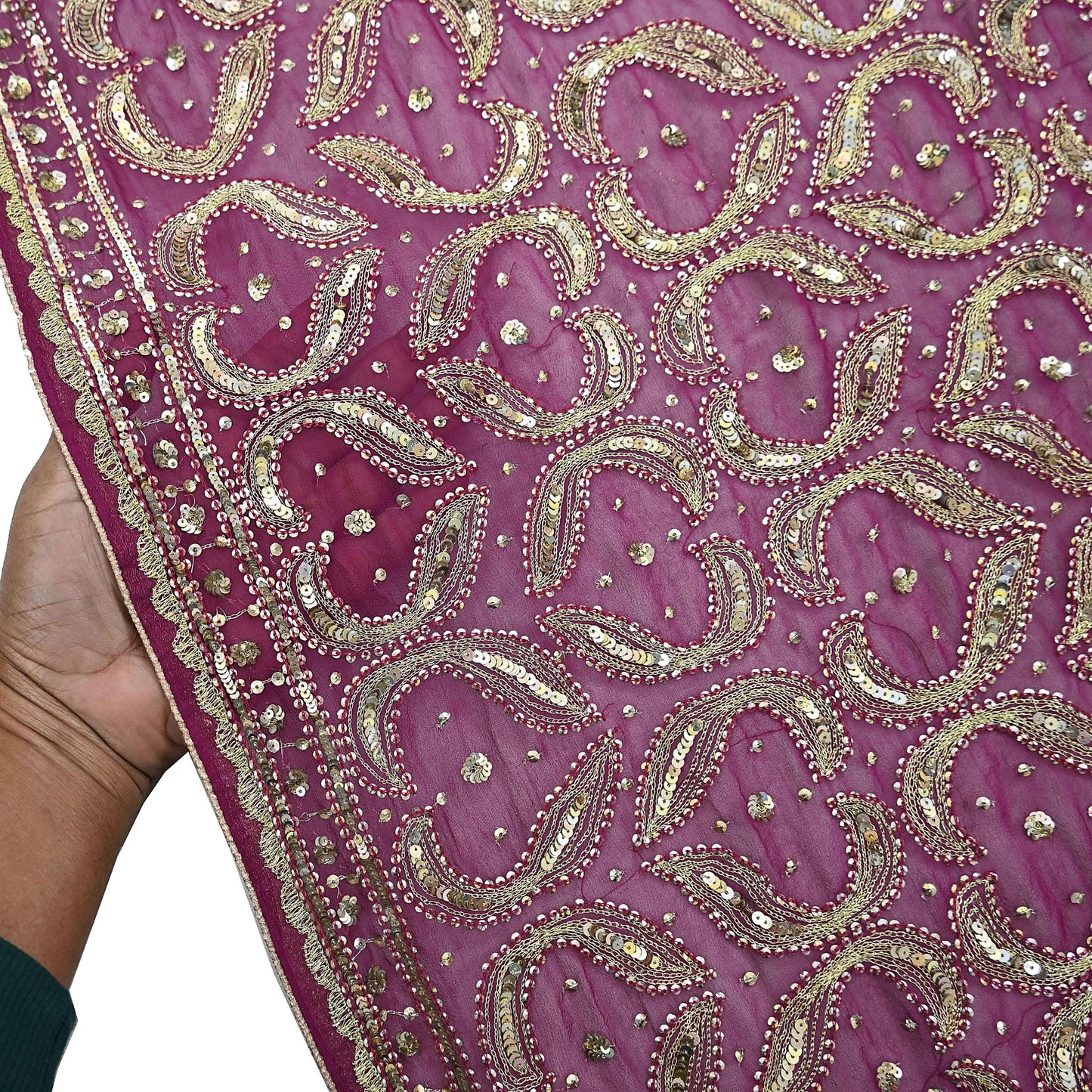 Indian Vintage Heavy Purple Dupatta Pure Georgette Silk Long Stole Hand Embroidered Scarf Zari Zardozi