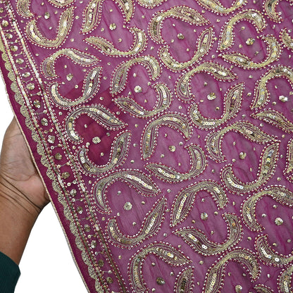 Indian Vintage Heavy Purple Dupatta Pure Georgette Silk Long Stole Hand Embroidered Scarf Zari Zardozi