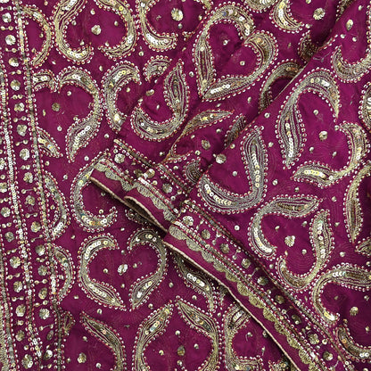 Indian Vintage Heavy Purple Dupatta Pure Georgette Silk Long Stole Hand Embroidered Scarf Zari Zardozi