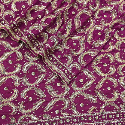Indian Vintage Heavy Purple Dupatta Pure Georgette Silk Long Stole Hand Embroidered Scarf Zari Zardozi
