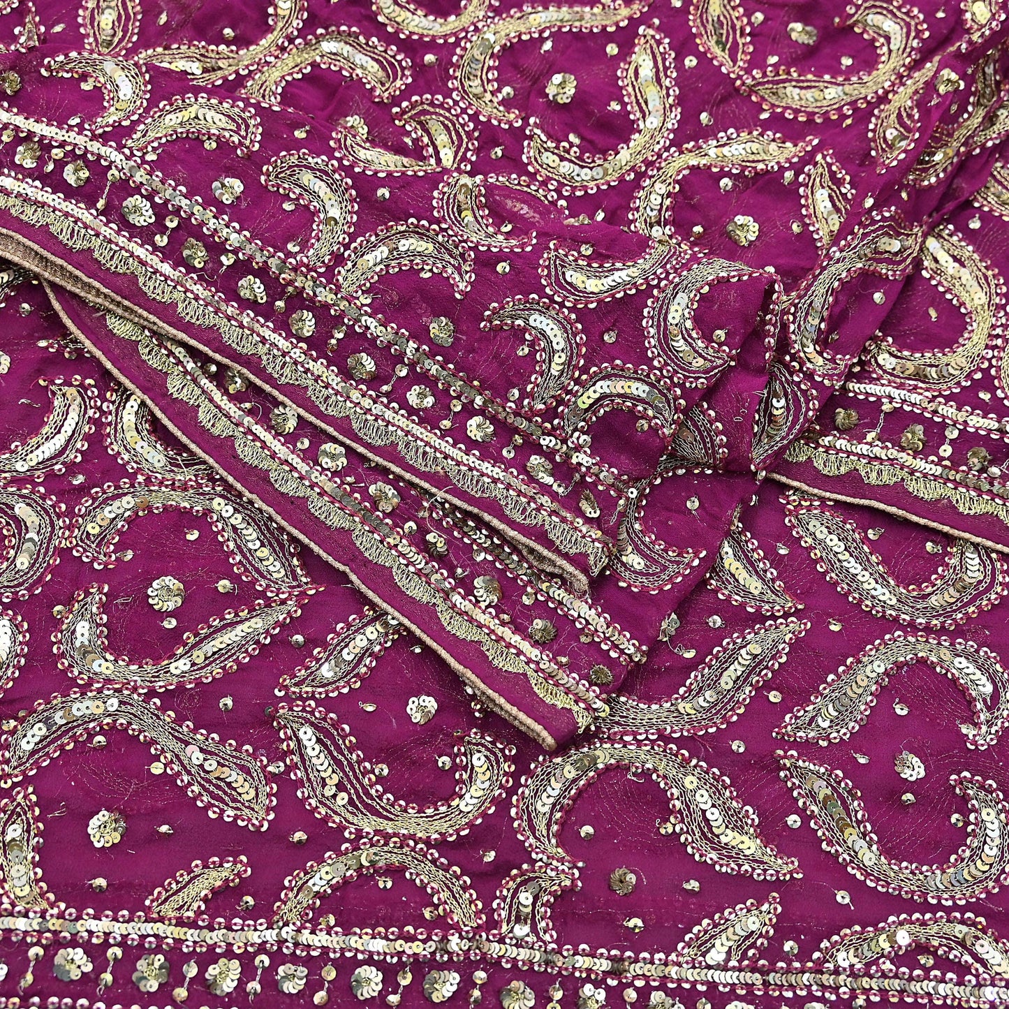 Indian Vintage Heavy Purple Dupatta Pure Georgette Silk Long Stole Hand Embroidered Scarf Zari Zardozi