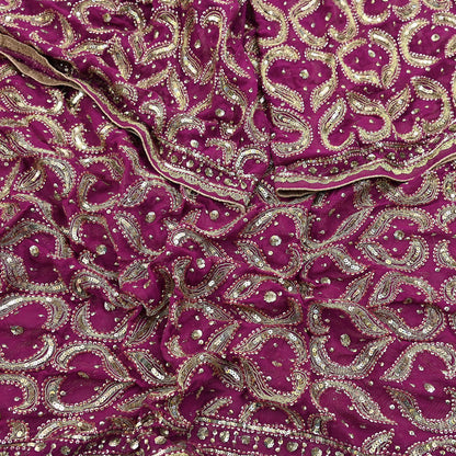 Indian Vintage Heavy Purple Dupatta Pure Georgette Silk Long Stole Hand Embroidered Scarf Zari Zardozi