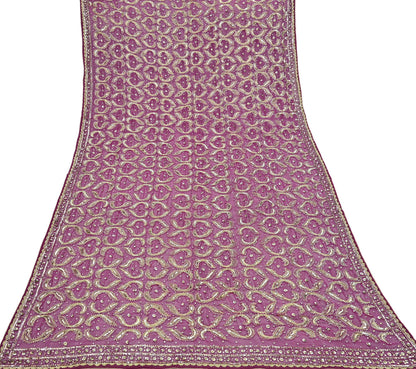 Indian Vintage Heavy Purple Dupatta Pure Georgette Silk Long Stole Hand Embroidered Scarf Zari Zardozi