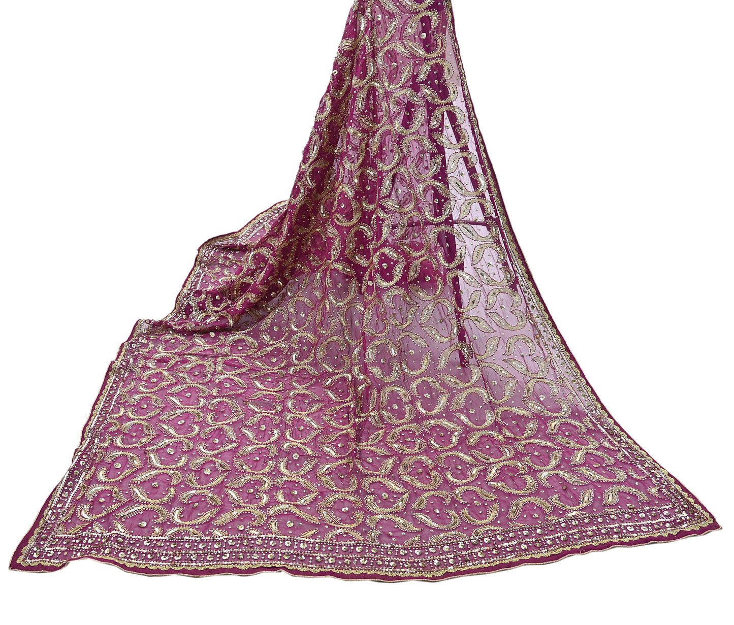 Indian Vintage Heavy Purple Dupatta Pure Georgette Silk Long Stole Hand Embroidered Scarf Zari Zardozi