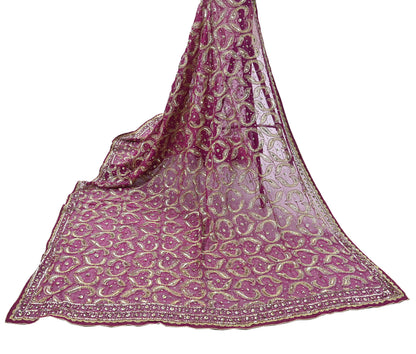 Indian Vintage Heavy Purple Dupatta Pure Georgette Silk Long Stole Hand Embroidered Scarf Zari Zardozi