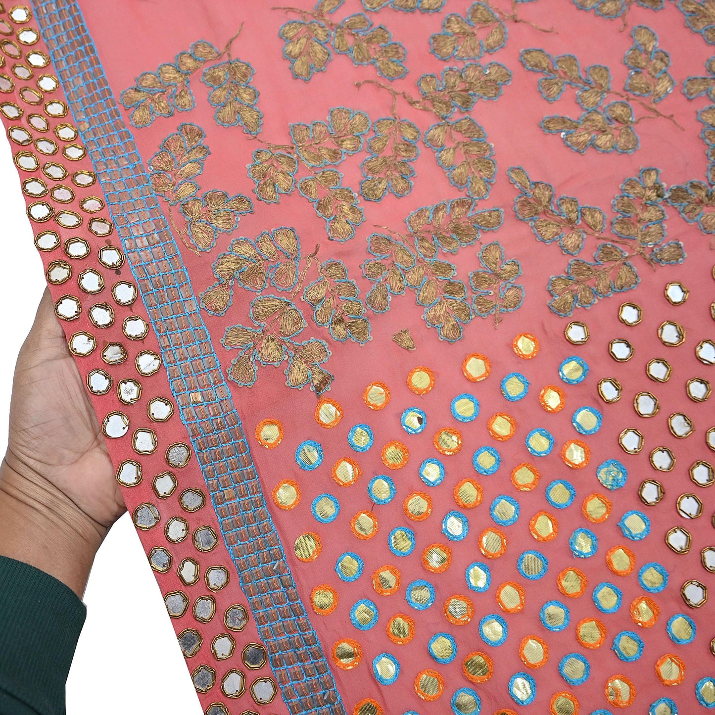 Indian Vintage Heavy Peach Dupatta Pure Georgette Silk Long Stole Hand Embroidered Scarf Zardozi/Dabka Wedding/Bridal Veil Hijab