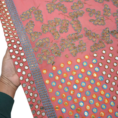 Indian Vintage Heavy Peach Dupatta Pure Georgette Silk Long Stole Hand Embroidered Scarf Zardozi/Dabka Wedding/Bridal Veil Hijab
