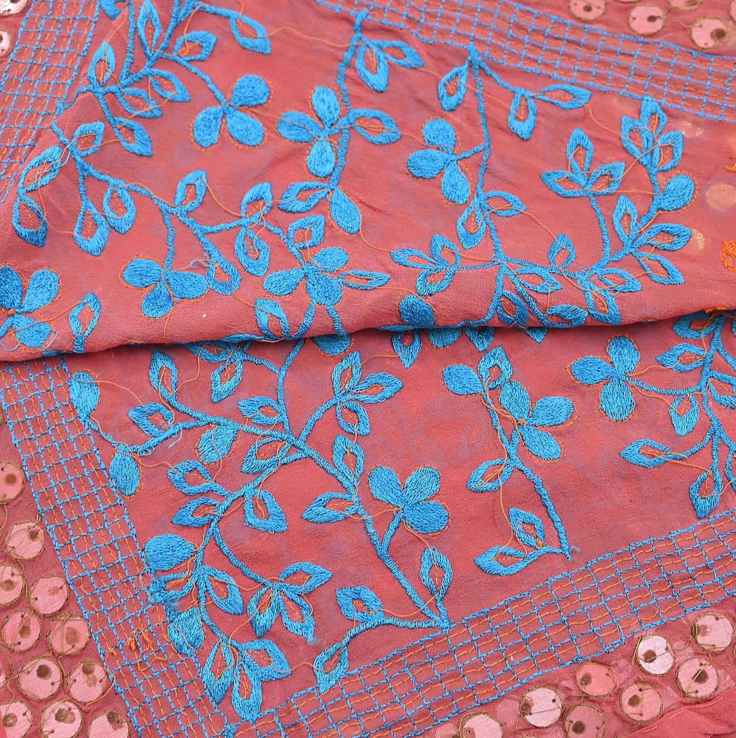 Indian Vintage Heavy Peach Dupatta Pure Georgette Silk Long Stole Hand Embroidered Scarf Zardozi/Dabka Wedding/Bridal Veil Hijab