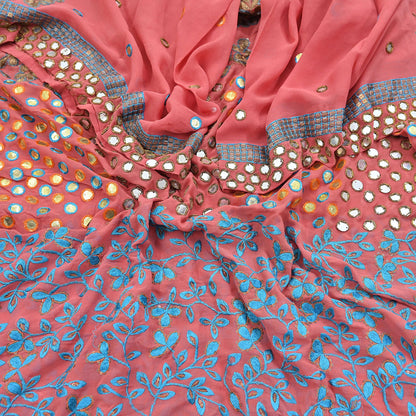 Indian Vintage Heavy Peach Dupatta Pure Georgette Silk Long Stole Hand Embroidered Scarf Zardozi/Dabka Wedding/Bridal Veil Hijab