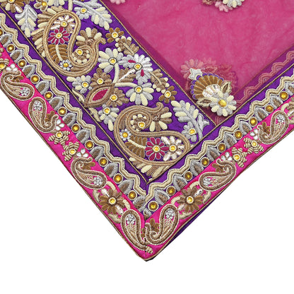 Indian Vintage Heavy Wedding pink Net/Mesh/ Velvet Hand Embroidered Dupatta Designer By Manish Malhotra Bridal Wear Zardozi Veil Hijab