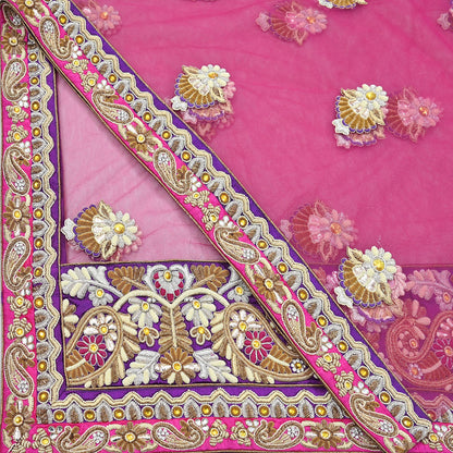 Indian Vintage Heavy Wedding pink Net/Mesh/ Velvet Hand Embroidered Dupatta Designer By Manish Malhotra Bridal Wear Zardozi Veil Hijab
