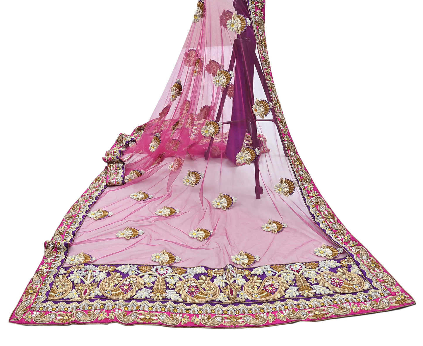 Indian Vintage Heavy Wedding pink Net/Mesh/ Velvet Hand Embroidered Dupatta Designer By Manish Malhotra Bridal Wear Zardozi Veil Hijab