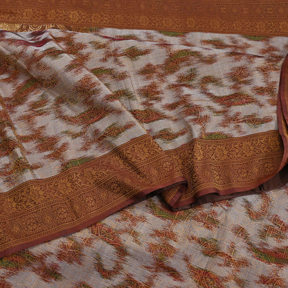 Indian Vintage Heavy Saree Brown & Gray 100% Pure Silk Hand Woven Ikat Sari Fabric 5Yard Ethnic Floral Soft Fabric zari